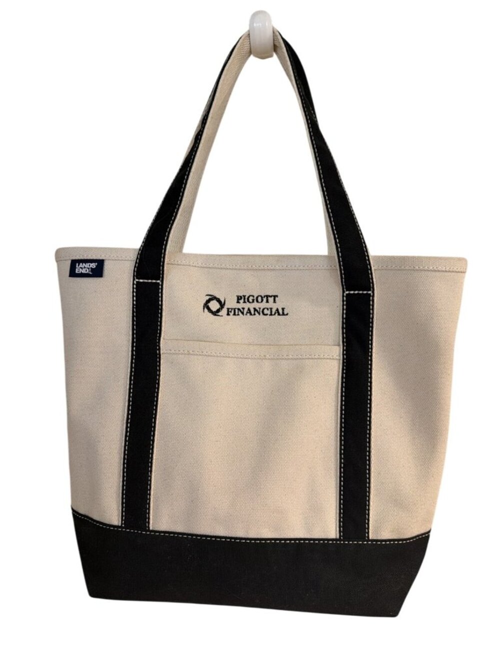 LandsEnd Canvas Pocket Tote Bag Natural Black Open Top Large Beach Pool Bag!
